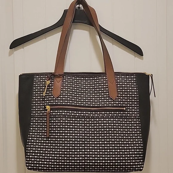 Fossil Vegan Leather Handbag Black Dotted Tote - Picture 11 of 11
